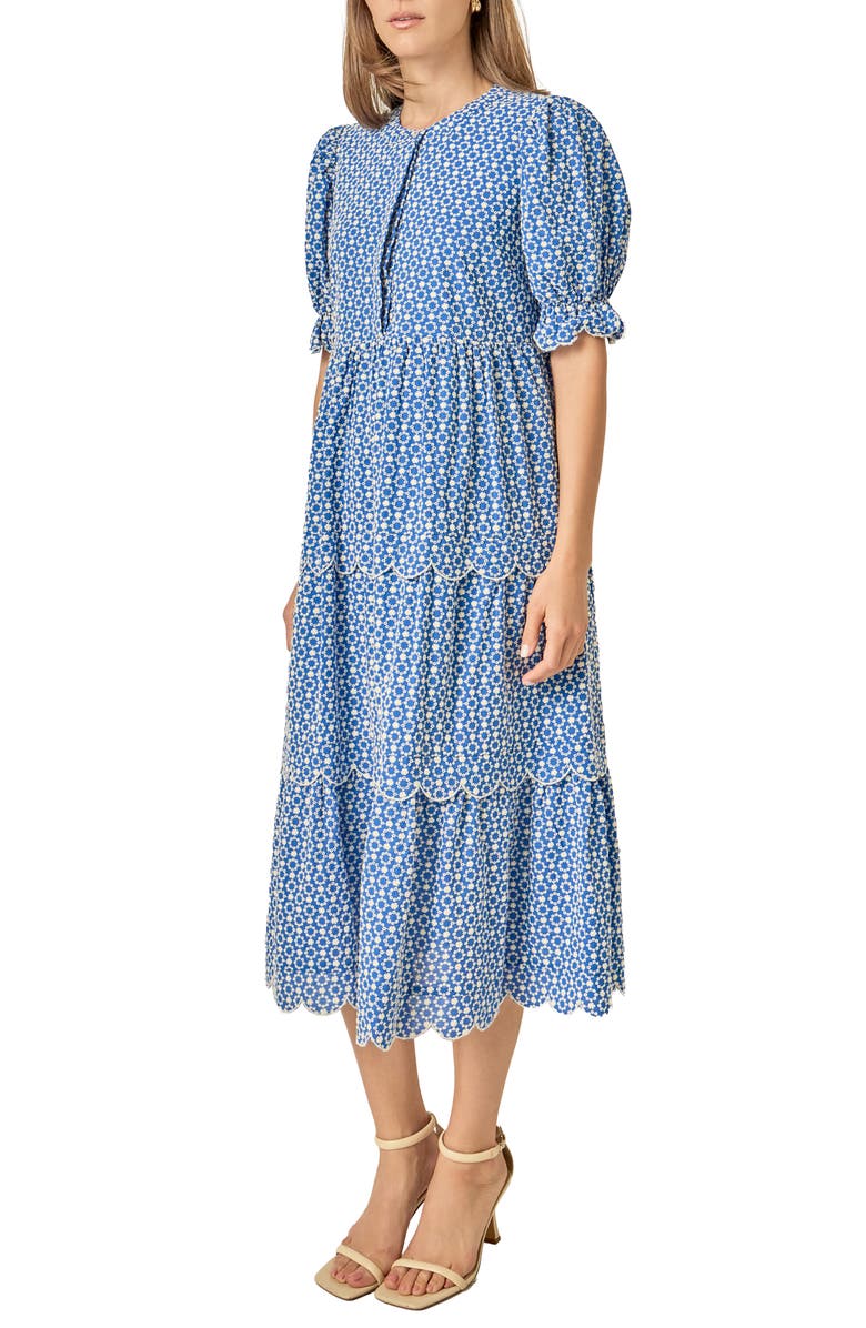 English Factory Scalloped Print Cotton Midi Dress, Alternate, color, Blue