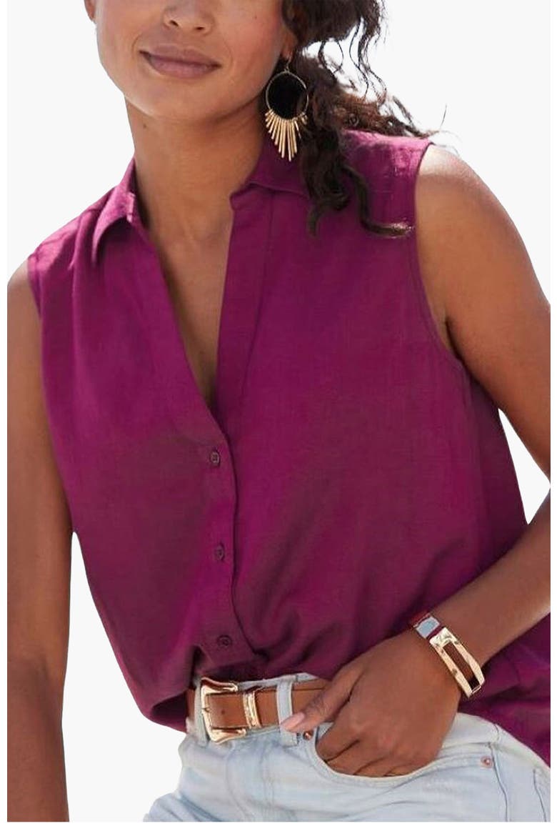 Sleeveless Button Down Blouse, Main, color, Plum