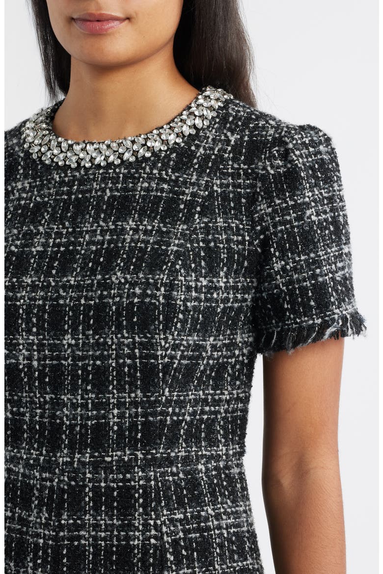 Rhinestone Trim Fit & Flare Tweed Dress, Alternate, color, BLACK