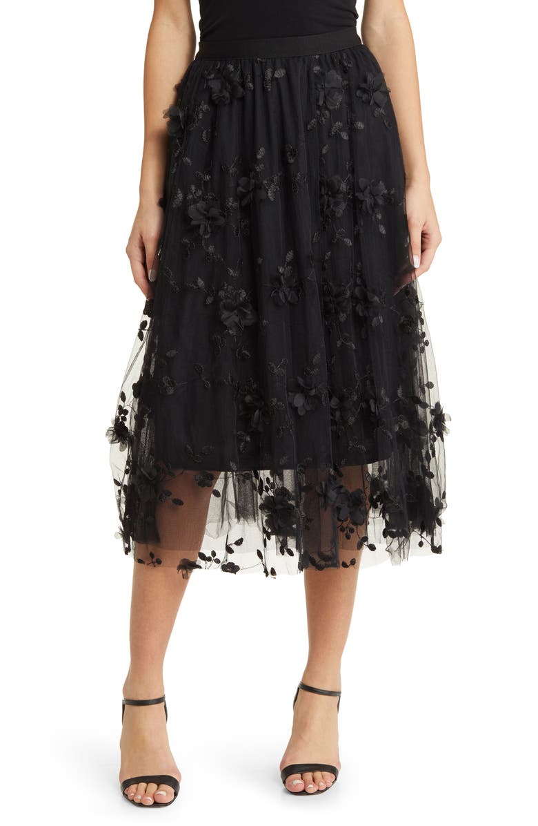 NIKKI LUND Audra Floral Appliqué Chiffon Maxi Skirt, Main, color, Black