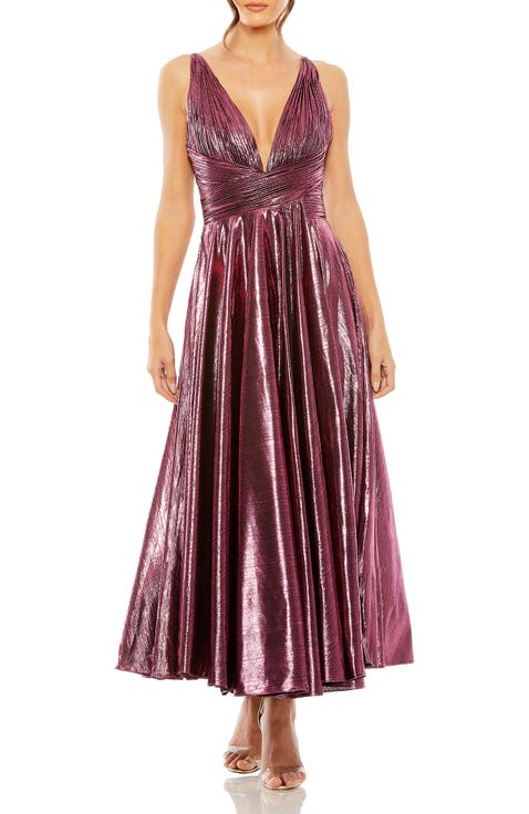 Sleeveless V Neck Pleated Top Metallic Dress