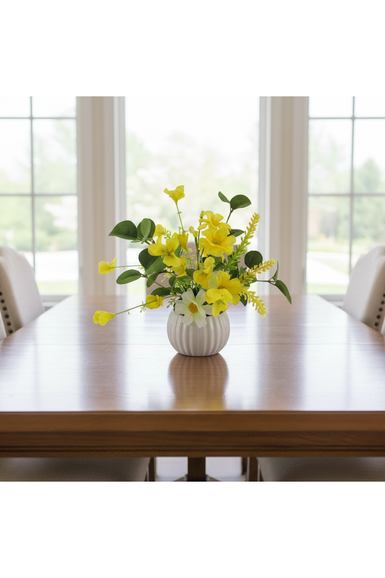 Season's Designs Artificial Yellow Flower Arrangement in White Vase, 8" Daisy Bowl,, Main, color, Multicolored