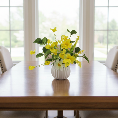 Season's Designs Artificial Yellow Flower Arrangement in White Vase, 8" Daisy Bowl,