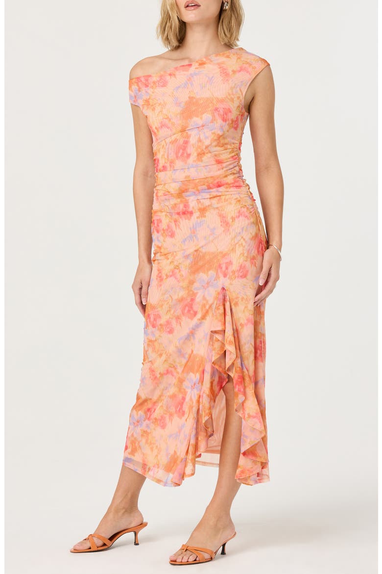Ruched One-Shoulder Maxi Dress, Main, color, ORANGE MULTI FLORAL