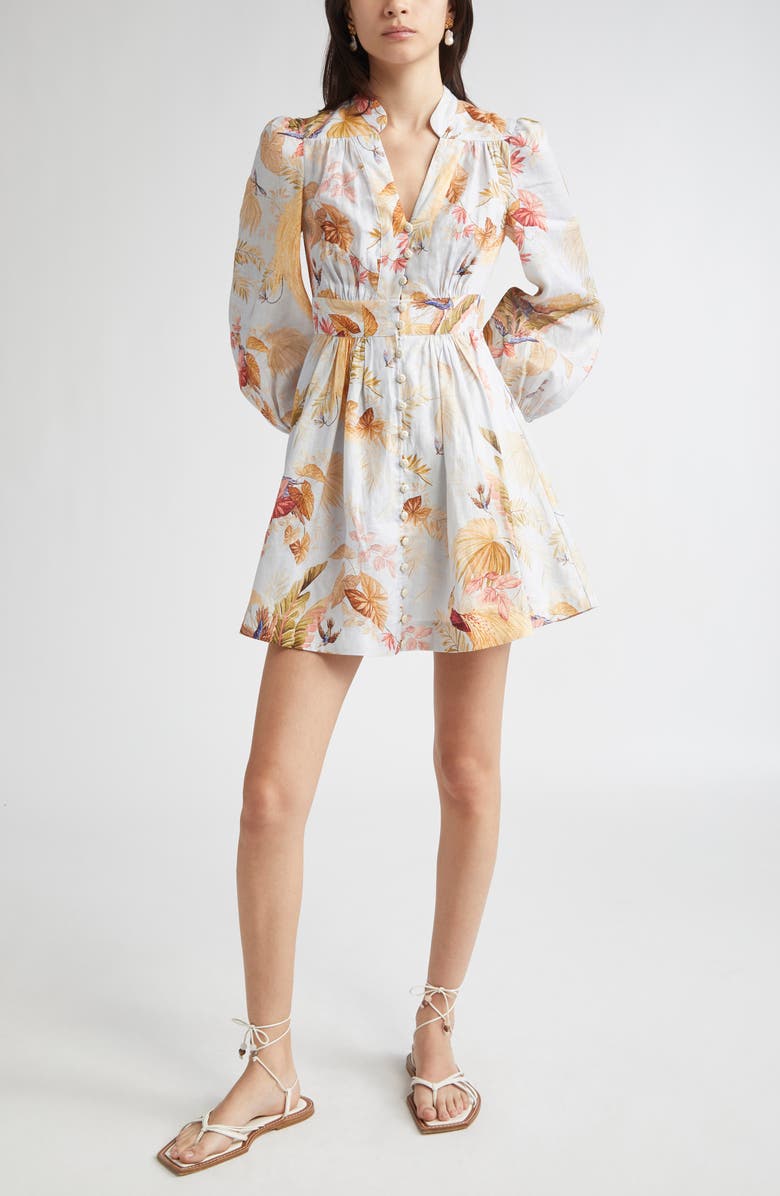 Zimmermann Ascension Floral Long Sleeve Linen Minidress, Main, color, Light Blue Palm Floral
