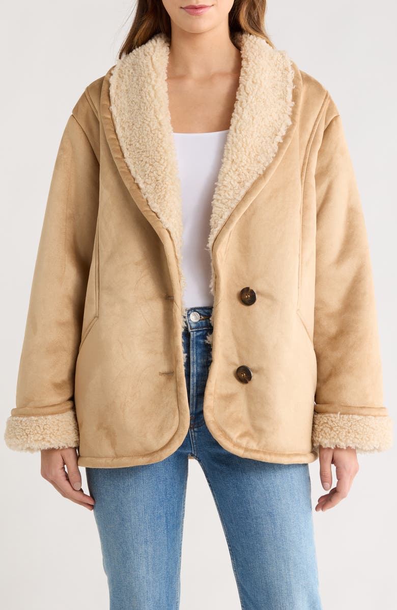 ASOS DESIGN Faux Shearling Shawl Collar Aviator Jacket, Main, color, Brown