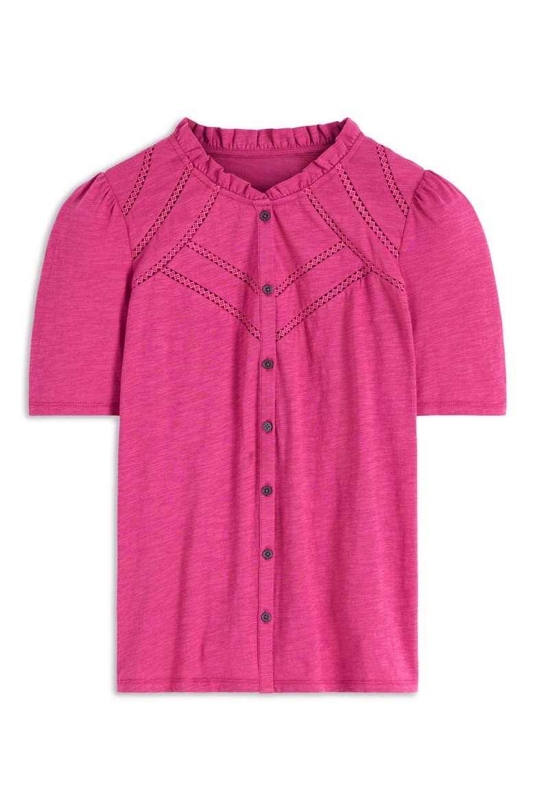Lace Trim Short Sleeve Cotton Button-Up Shirt, Alternate, color, RED VIOLET