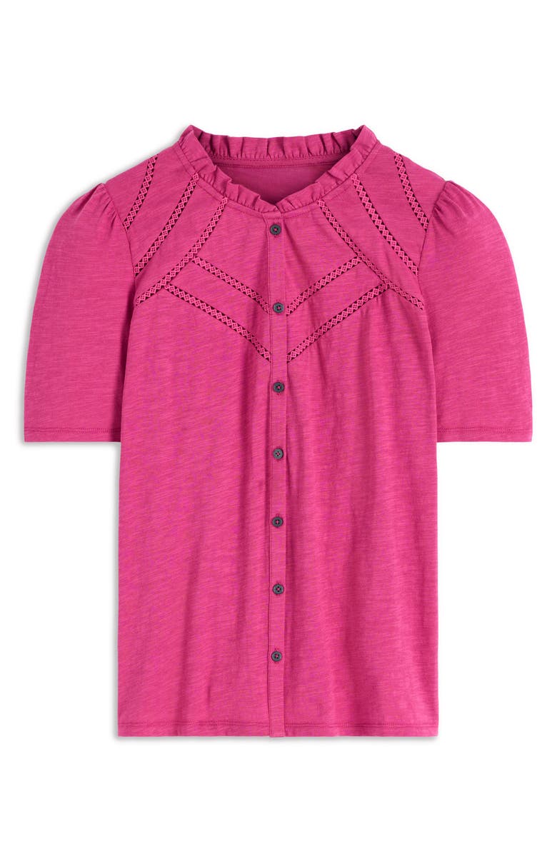 Boden Lace Trim Short Sleeve Cotton Button-Up Shirt, Alternate, color, Red Violet