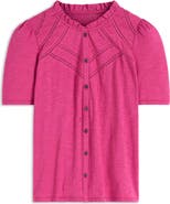 Boden Lace Trim Short Sleeve Cotton Button-Up Shirt