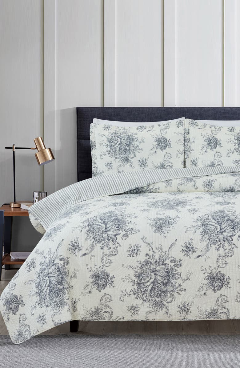 MELANGE HOME Toile Reversible Cotton Quilt Set, Alternate, color, Grey