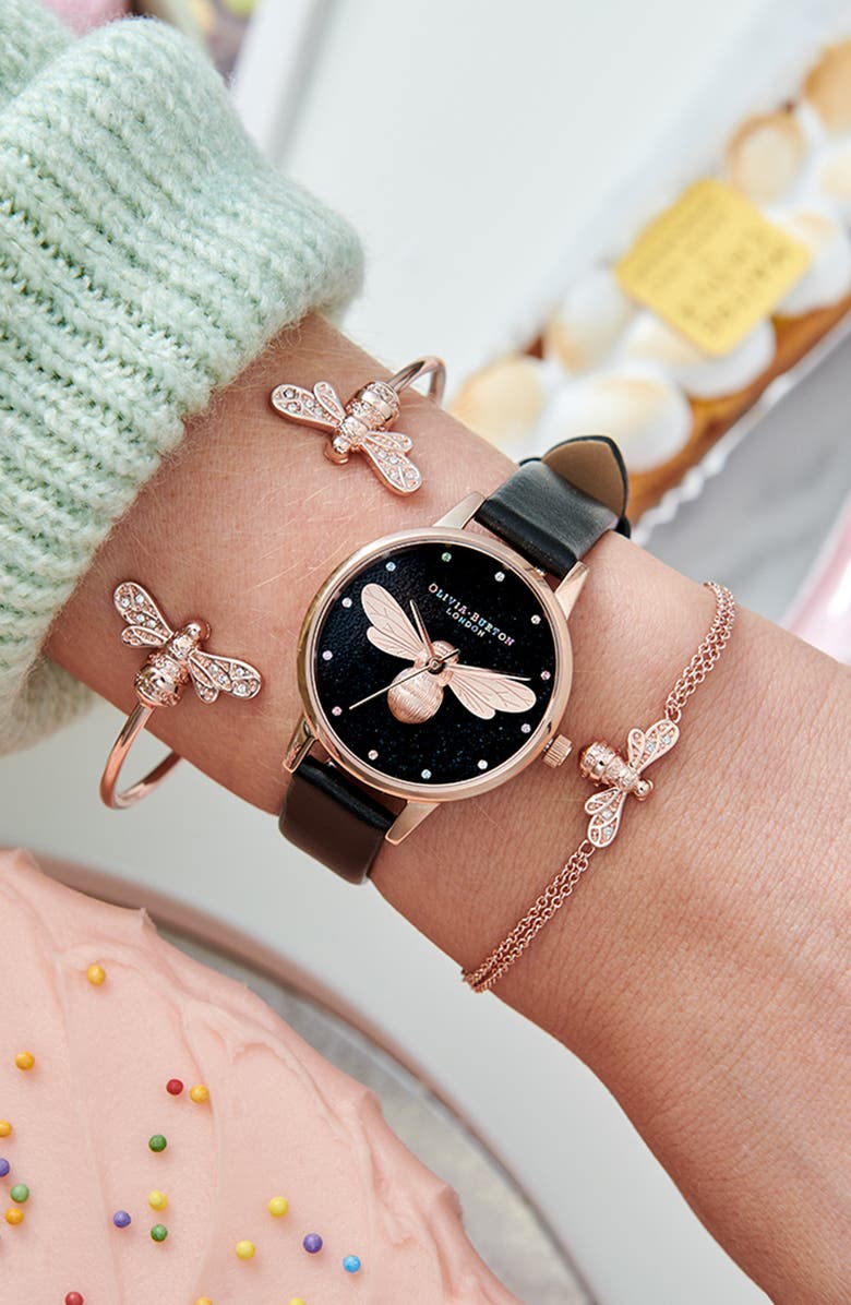 Olivia Burton Lucky Bee Black Glitter Dial Watch, 30mm, Alternate, color, Black