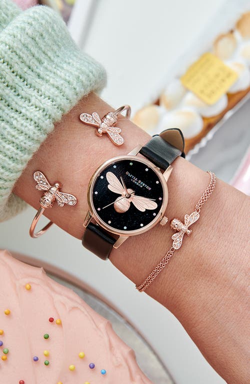 Olivia Burton Lucky Bee Black Glitter Dial Watch, 30mm In Black