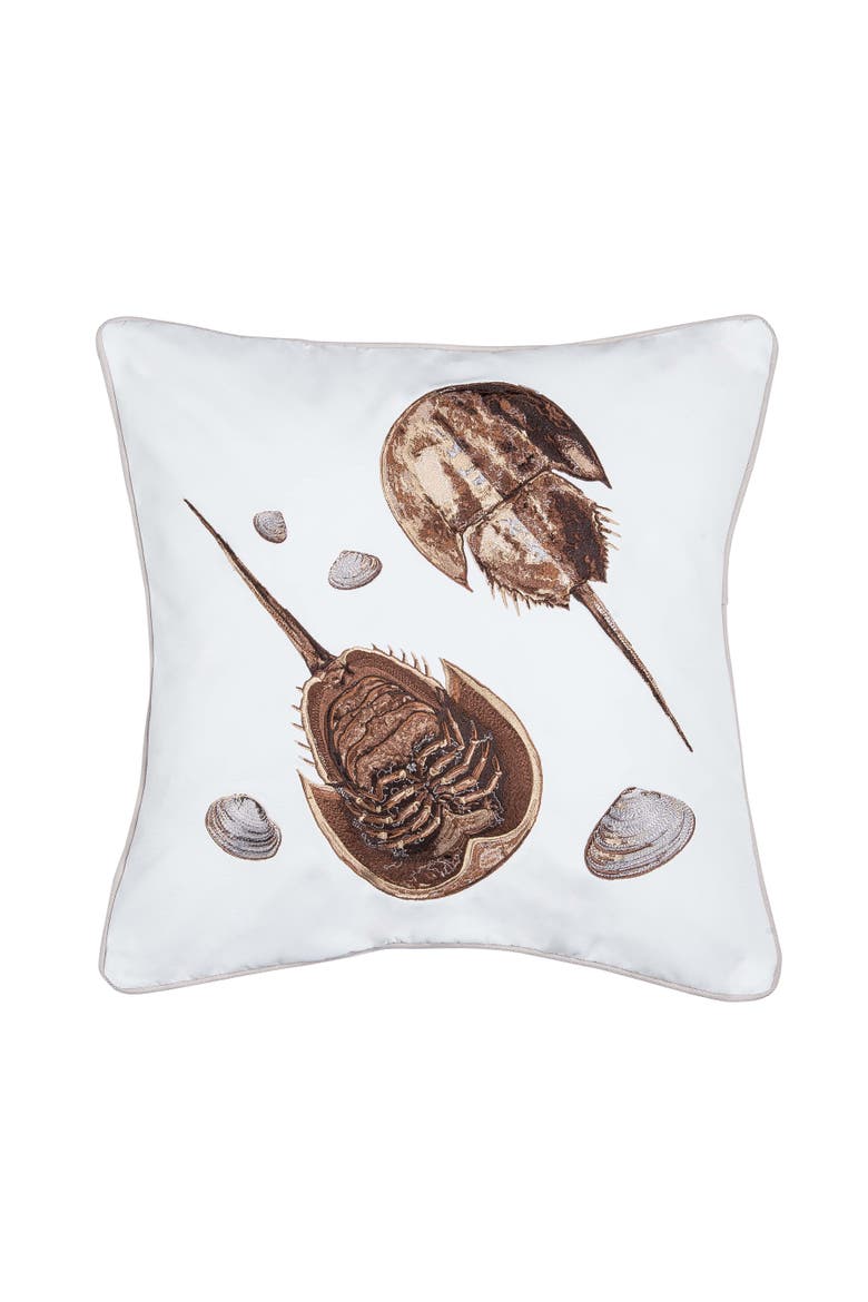 Horseshoe Crab Coastal Beach Shells Embroidered Throw Pillow, 18" x 18", Main, color, Brown