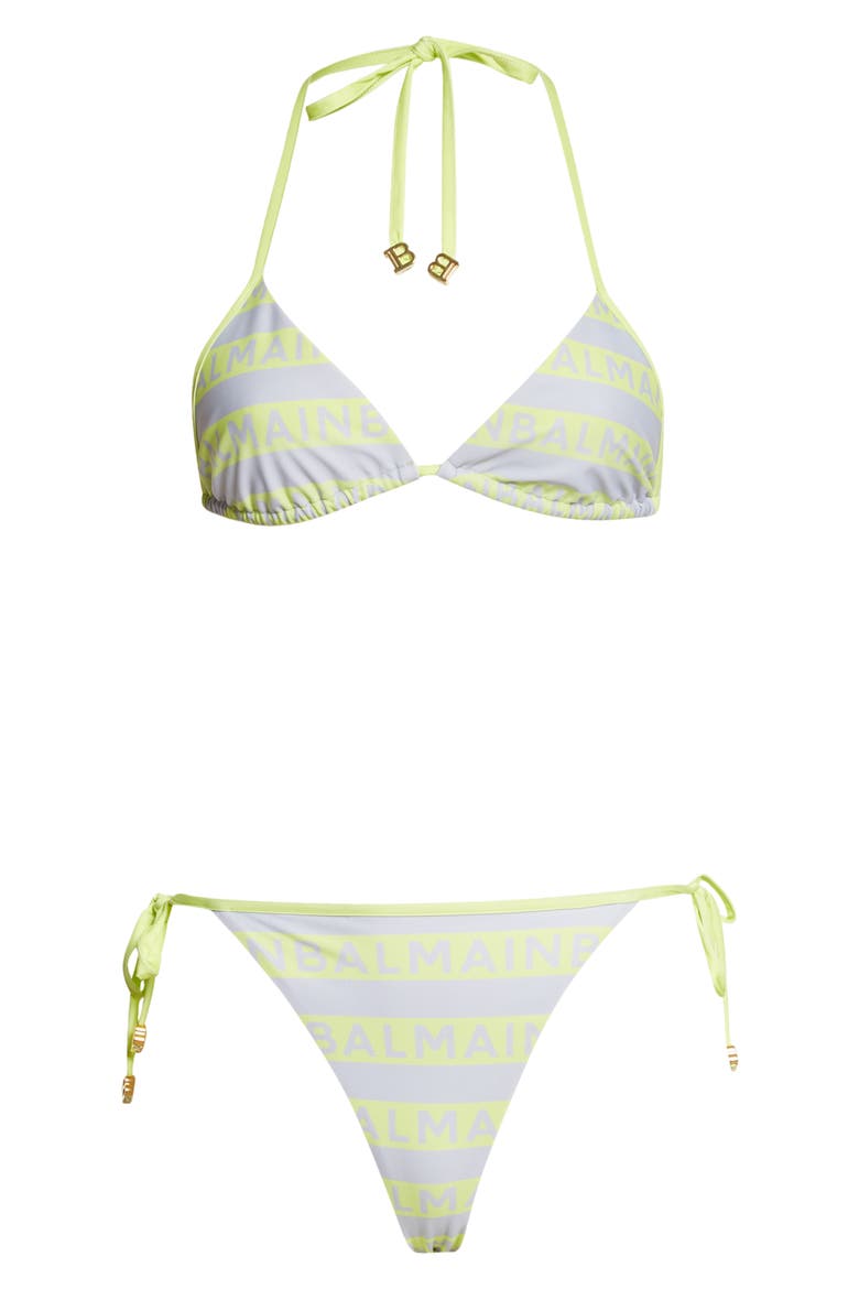 Logo Stripe Two-Piece Swimsuit, Alternate, color, GREY/ LIME