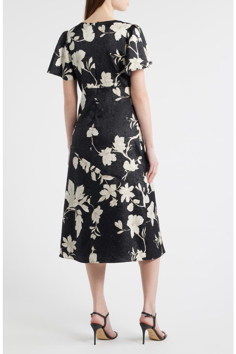 Floral Jacquard Draped Midi Dress, Alternate, color, BLACK- IVORY JAN TOILE