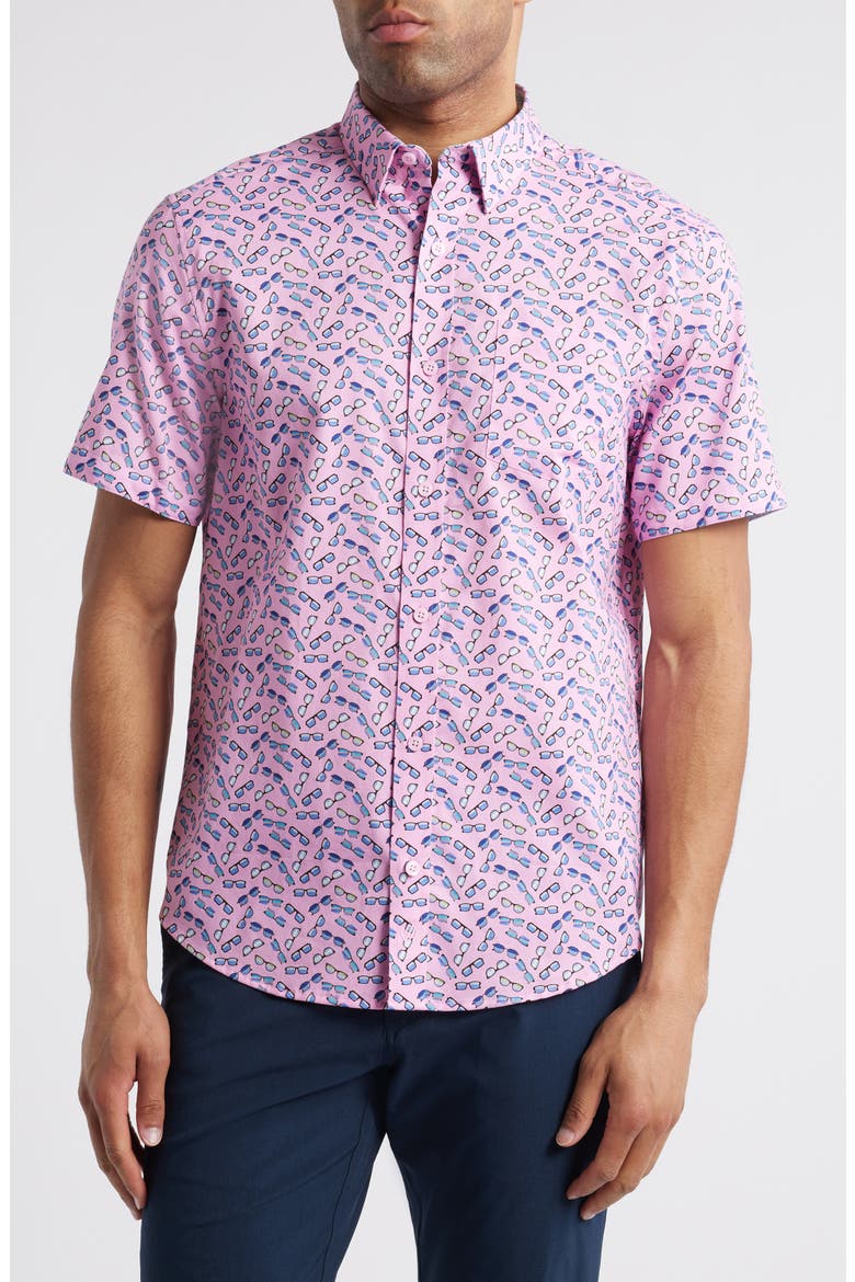 Sunglasses Print Short Sleeve Button-Down Shirt, Main, color, PINK