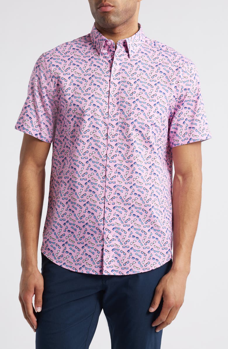 Johnston & Murphy Sunglasses Print Short Sleeve Button-Down Shirt, Main, color, Pink