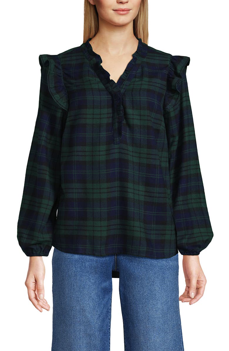 Lands' End Ruffle Front Flannel Popover Blouse, Alternate, color, Deep Forest Blackwatch Plaid