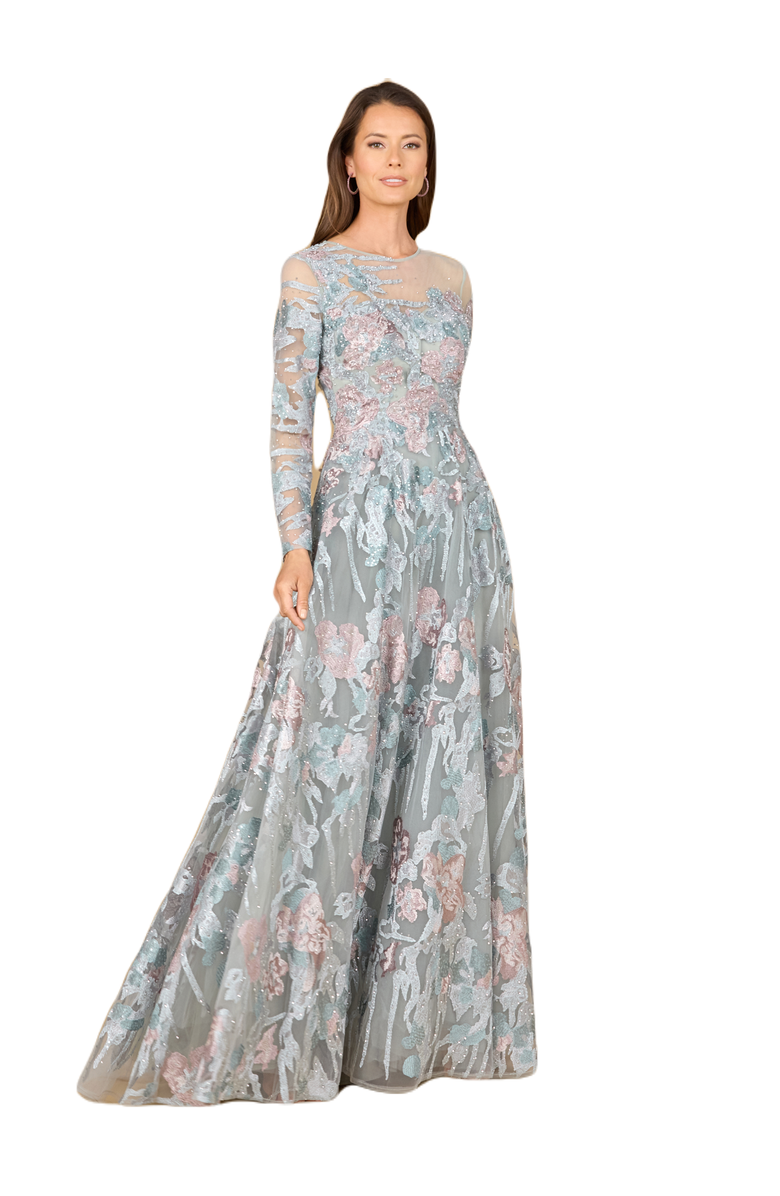 LARA New York Illusion Neck, Long Sleeve Ballgown, Main, color, Slate Multi