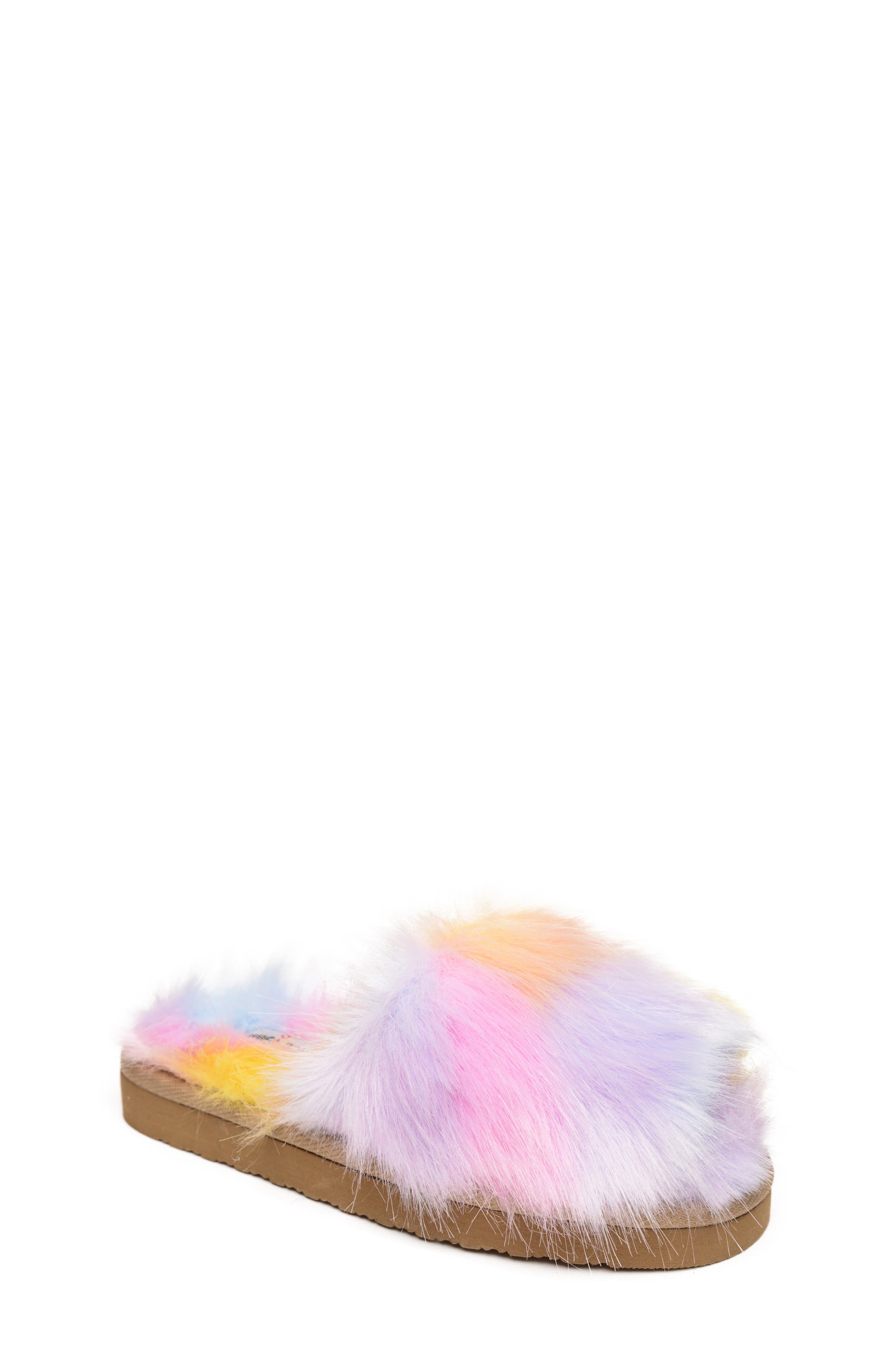 Minnetonka Lyla Faux Fur Slide Slipper, Main, color, Pink Unicorn