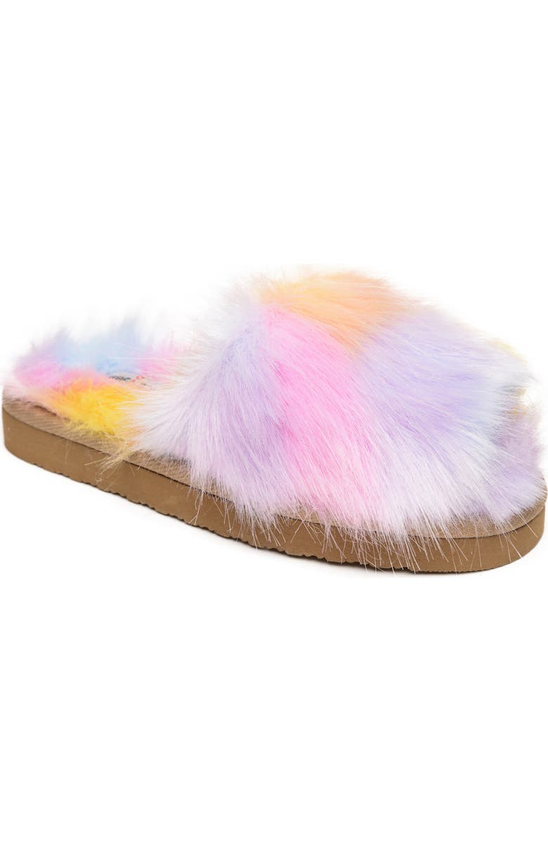 Minnetonka Lyla Faux Fur Slide Slipper, Main, color, Pink Unicorn