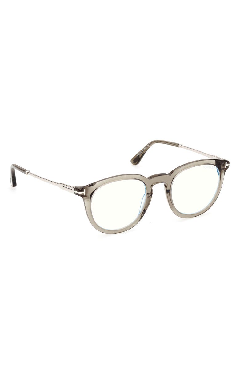 TOM FORD 49mm Round Blue Light Blocking Optical Glasses, Alternate, color, Olive / Palladium / T Logo