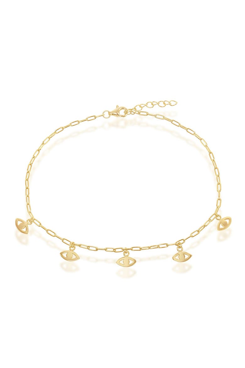 Gold Plated Sterling Silver Evil Eye Charm Anklet, Main, color, GOLD
