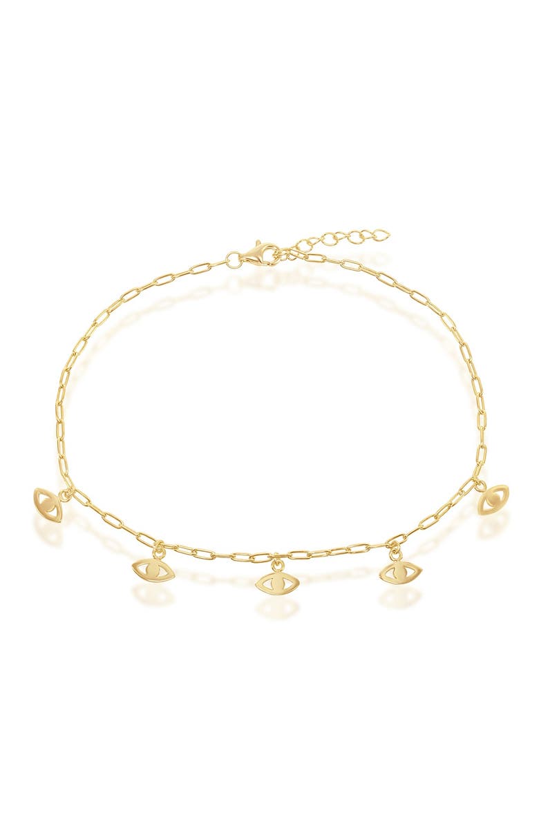 SIMONA Gold Plated Sterling Silver Evil Eye Charm Anklet, Main, color, Gold