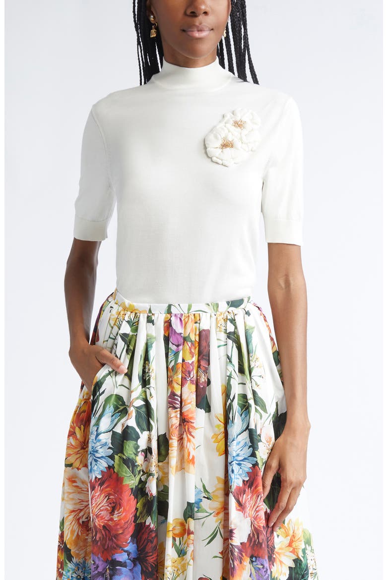 Floral Brooch Silk Sweater, Main, color, W0001 BIANCO NATURALE