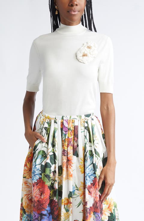 Floral Brooch Silk Sweater