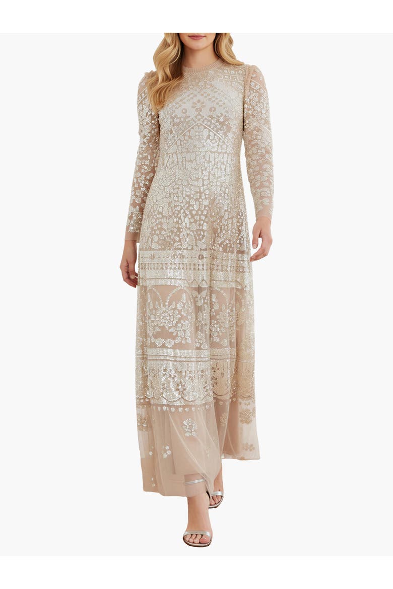Aurora Long Sleeve Round Neck Gown, Main, color, Butterscotch/ Gold