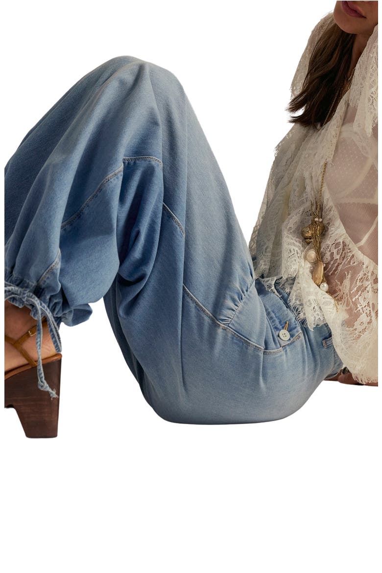 We The Free Lotus High Waist Tie Hem Barrel Leg Jeans, Alternate, color, BIJOU BLUE