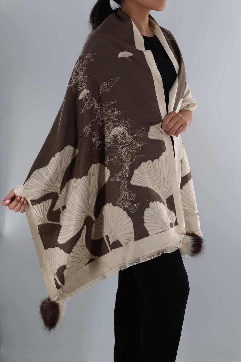 Shell Print Wrap with Faux Poms, Alternate, color, Brown/Ivory