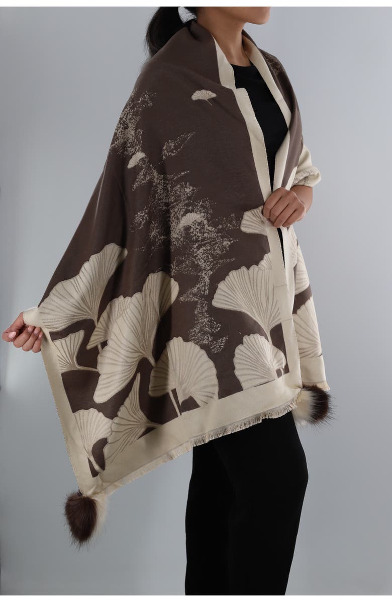 La Fiorentina Shell Print Wrap with Faux Poms, Alternate, color, Brown/Ivory