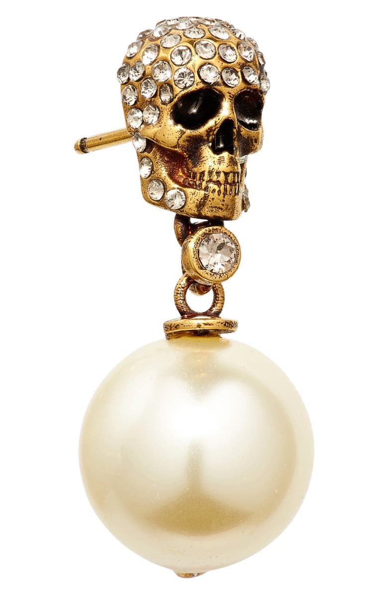 McQueen Swarovski Crystal Pavé Skull & Imitation Pearl Drop Earrings, Alternate, color, 2375 Antique Gold - Pearl