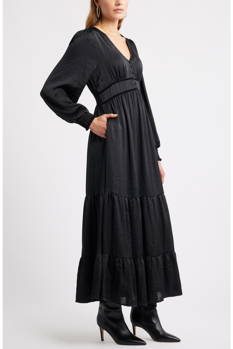 Smocked Cuff Long Sleeve Satin Maxi Dress, Alternate, color, BLACK