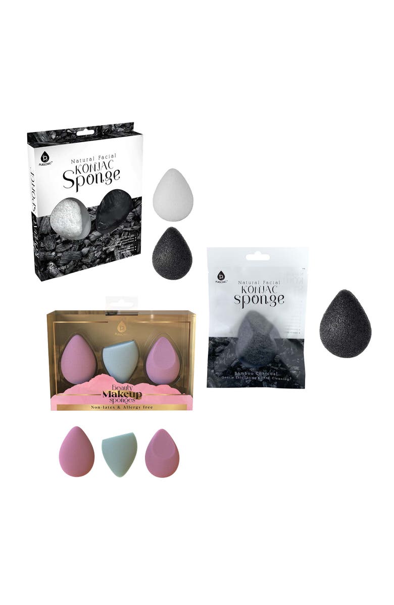 PURSONIC Skin & Beauty Essentials Bundle Konjac Sponge Duo, Charcoal Konjac Sponge & 3-Pack Makeup Sponge Set, Main, color, Multicolor