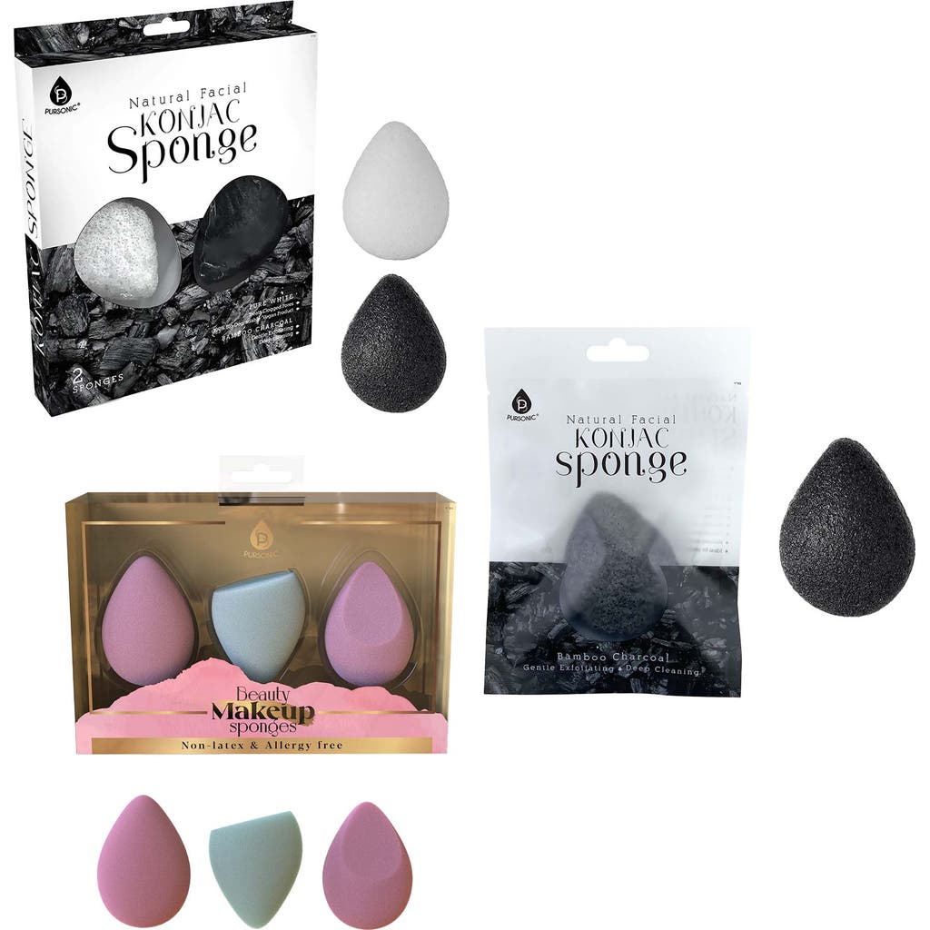 Pursonic Skin & Beauty Essentials Bundle Konjac Sponge Duo, Charcoal Konjac Sponge & 3-pack Makeup S In Multicolor