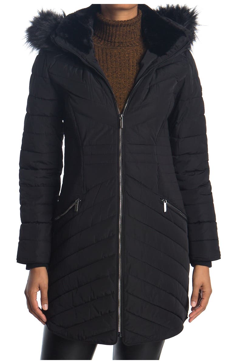 DKNY Zip Front Faux Fur Trim Puffer Jacket, Main, color, 