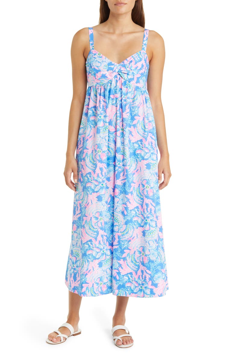 Azora Floral Cotton Sundress, Main, color, BLUE TANG SITTING SEASIDE