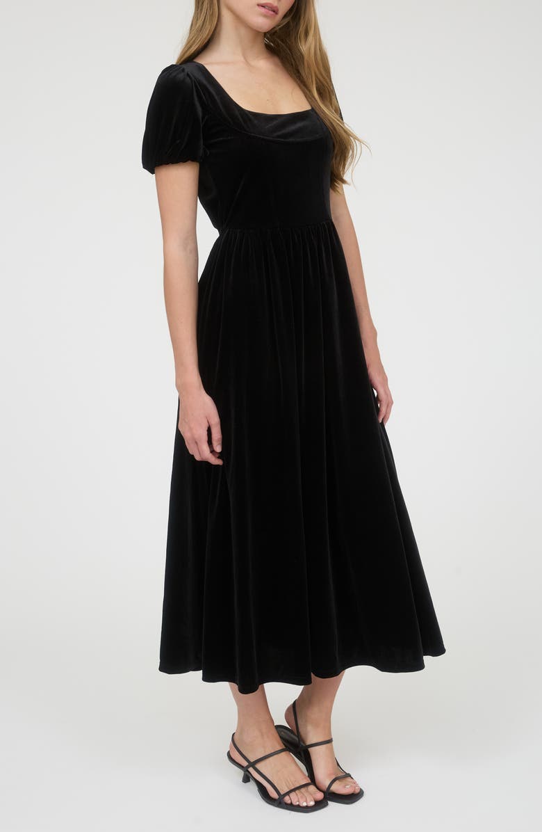 AUGUST SKY Puff Sleeve Velvet Fit & Flare Midi Dress, Alternate, color, Black