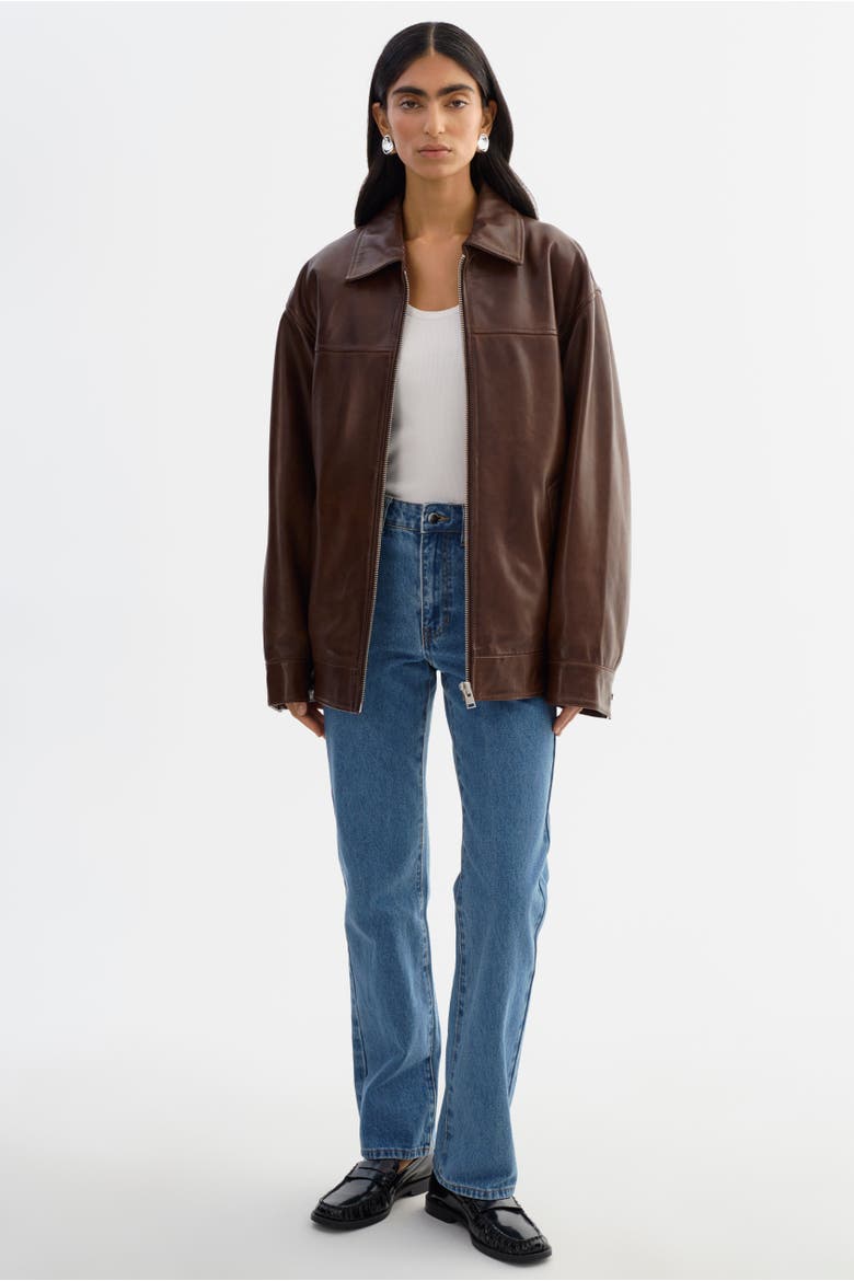 THEIA | Leather Bomber Jacket, Alternate, color, Dark Brown