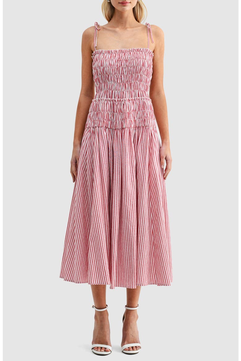 Stripe Smocked Bodice Jersey Midi Dress, Main, color, RED IVORY