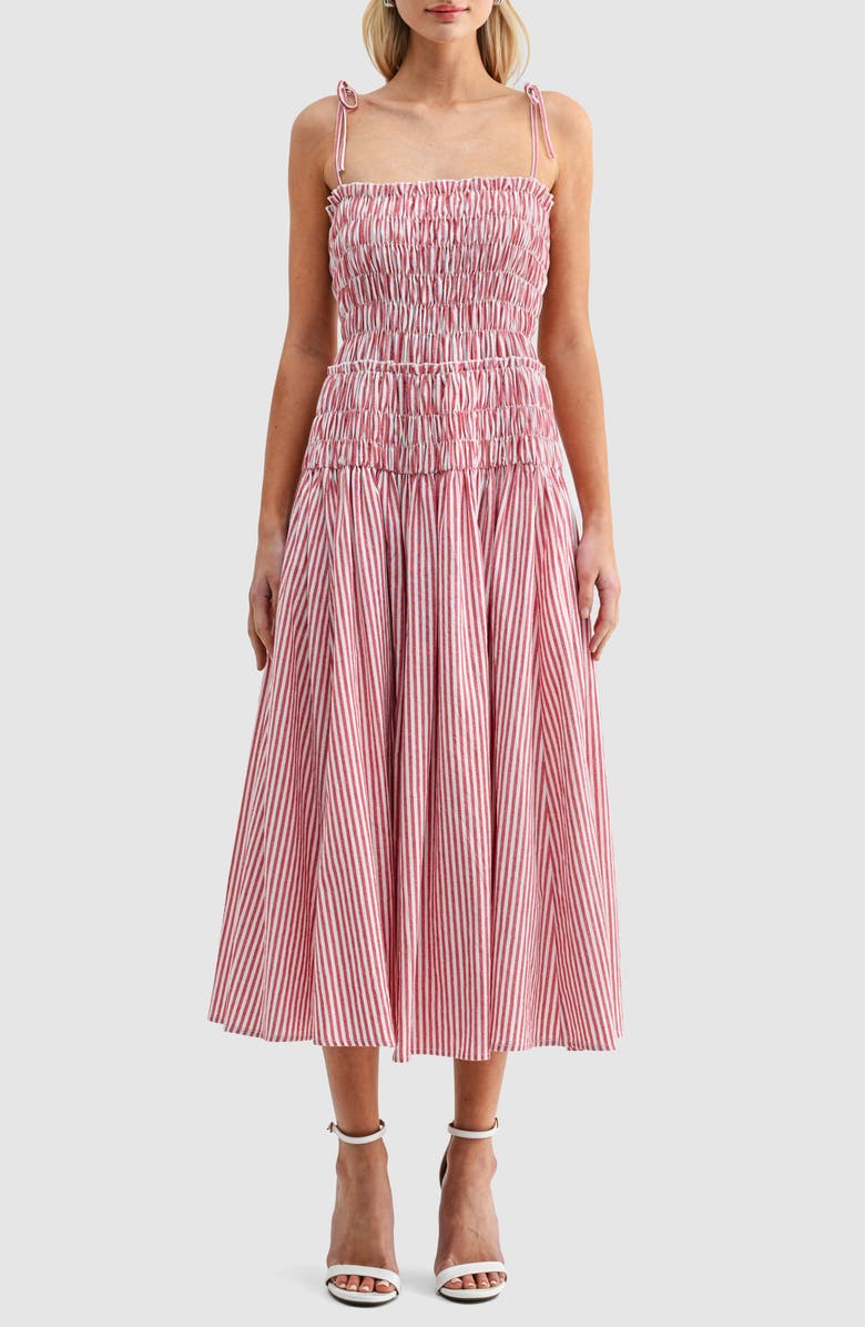 All in Favor Stripe Smocked Bodice Jersey Midi Dress, Main, color, Red Ivory