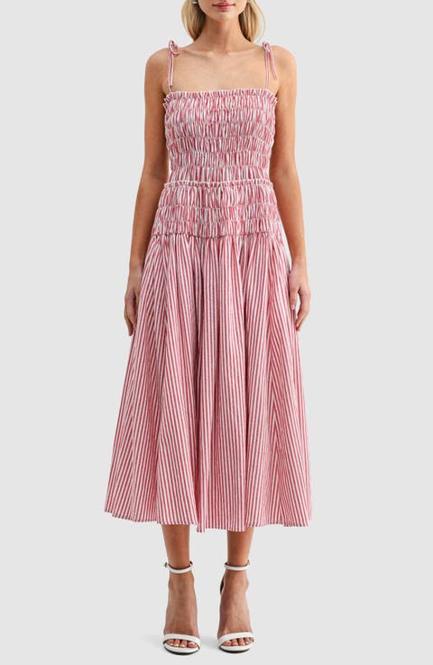 Stripe Smocked Bodice Jersey Midi Dress