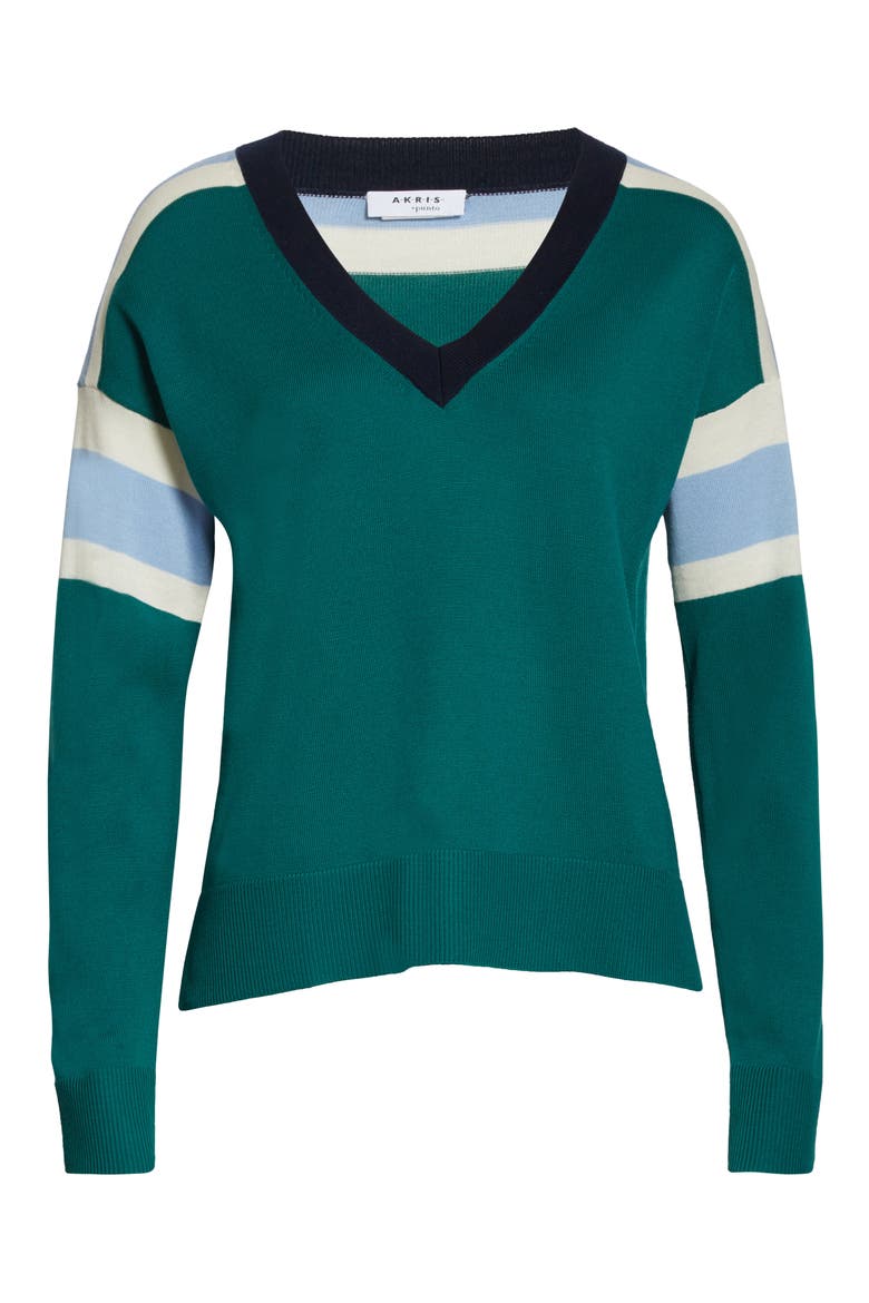 Stripe V-Neck Merino Wool Sweater, Alternate, color, SPRUCE/ SKY BLUE/ NIGHT