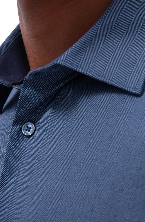 Bugatchi Myron Ooohcotton® Short Sleeve Herringbone Button-up Shirt In Navy