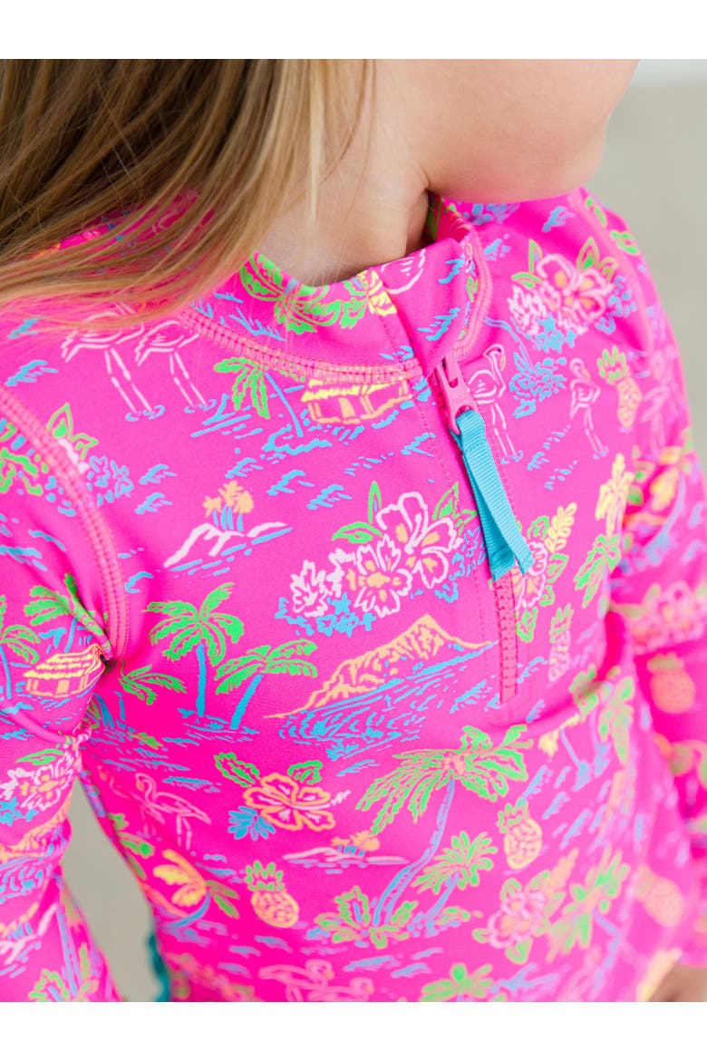 Toddler Girls UPF50+ Long Sleeve Zipper Rash Guard 2-Piece, Alternate, color, Neon Island Time