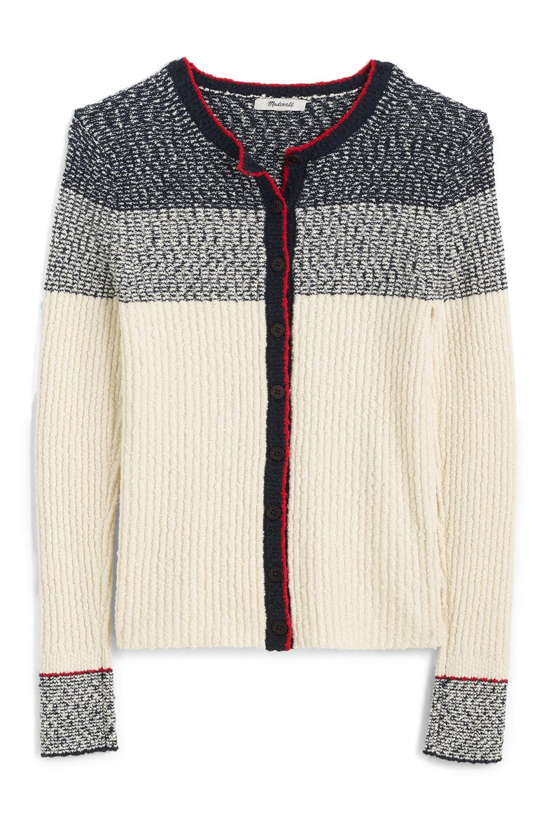 Stripe Bouclé Cardigan, Alternate, color, IVORY AND NAVY MULTI STRIPE
