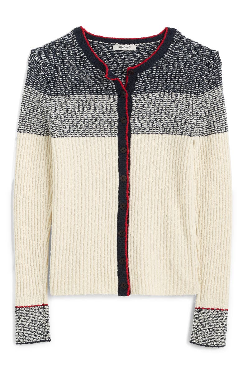 Madewell Stripe Bouclé Cardigan, Alternate, color, Ivory And Navy Multi Stripe